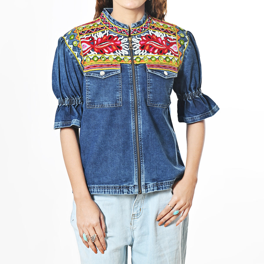 American Darling Women's Embroidered Denim Jacket Boho Tribal Floral Jean Blazer with Puff Ruffle Sleeves Cowgirl - Uhorse