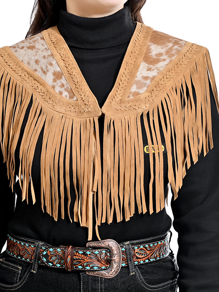 American Darling Western Apparel Hair On Genuine Leather Handcrafted Heritage Cape with Braided Accents and Fringes