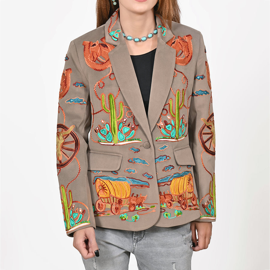 American Darling Women's Western Embroidered Blazer Jacket Cowgirl Rodeo NFR Vintage Wagon Tailored Fashion Coat - Uhorse