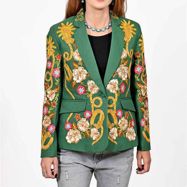 American Darling Women's Western Embroidered Blazer Green Cowgirl Rodeo NFR Floral Spurs Bronco Horseshoe Tailored - Uhorse