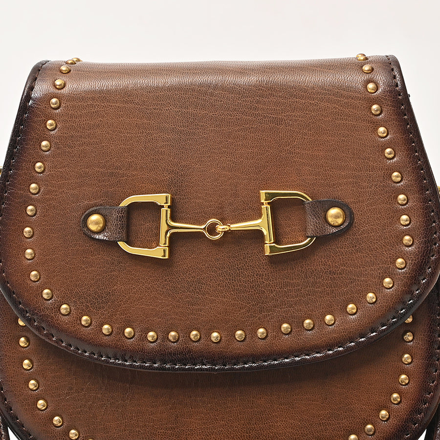 American Darling Western Cross body Bag Rivetted Genuine Full Grain Leather Handcrafted Purse with Equestrian Bit Detail