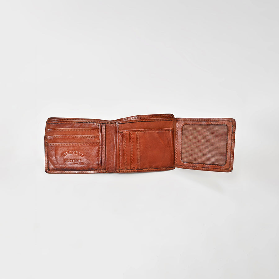 Spaghetti Western Full Grain Leather Bifold Wallet for Men Slim Minimalist Card Holder with ID Window