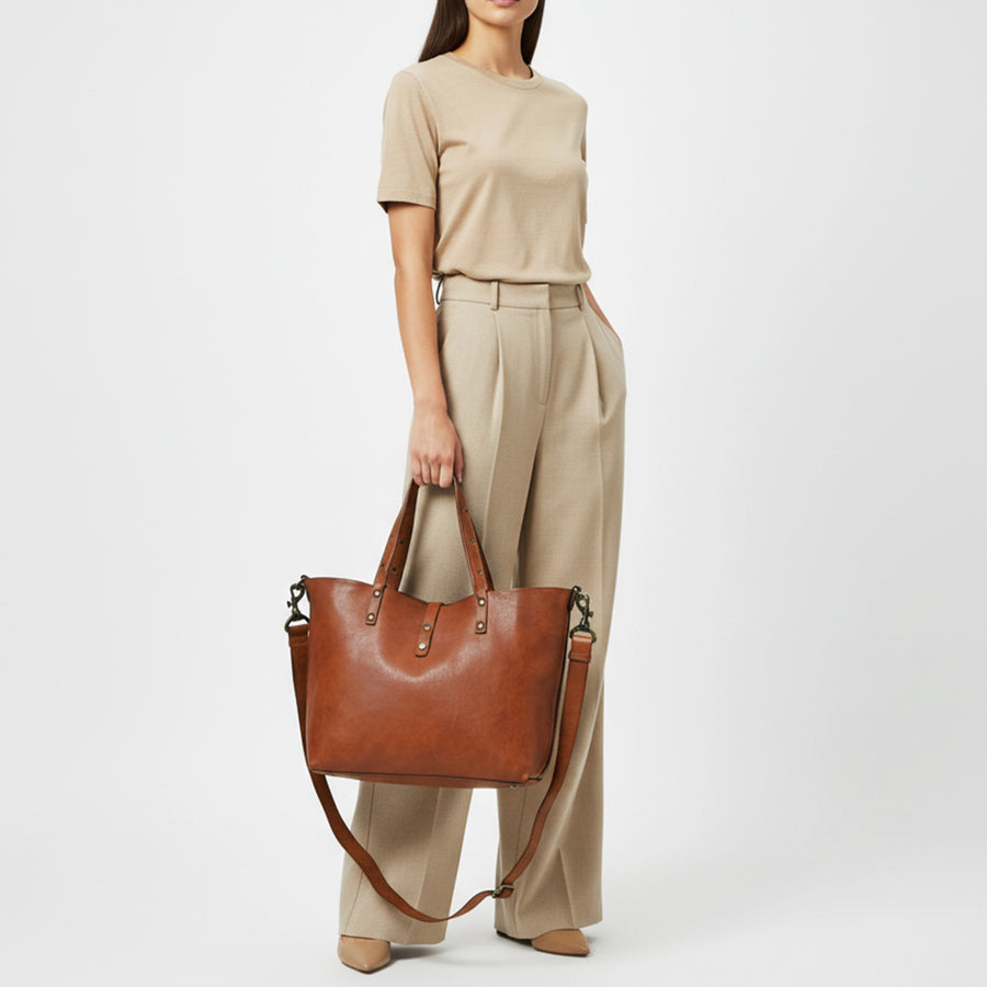 Spaghetti Western Genuine Full Grain Leather Tote Bag for Women Large Shoulder Handbag with Adjustable Strap