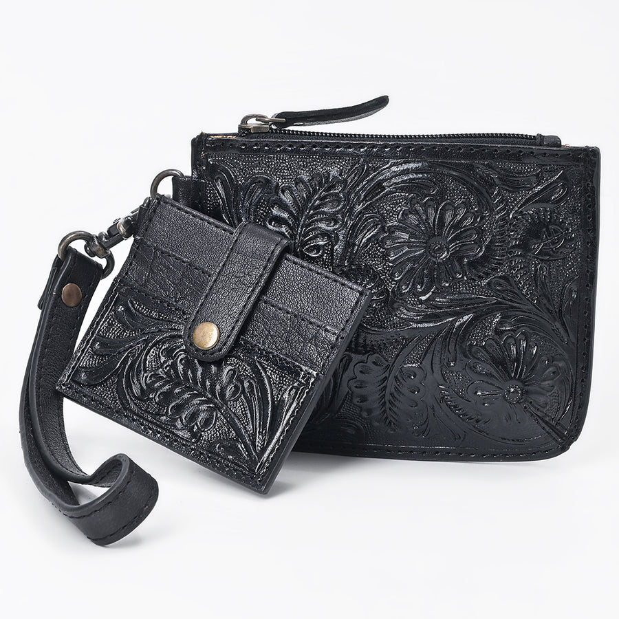 American Darling Coin Purse with card holder Western Hand-Tooled Genuine Leather Floral Carved Wallet with YKK Zipper