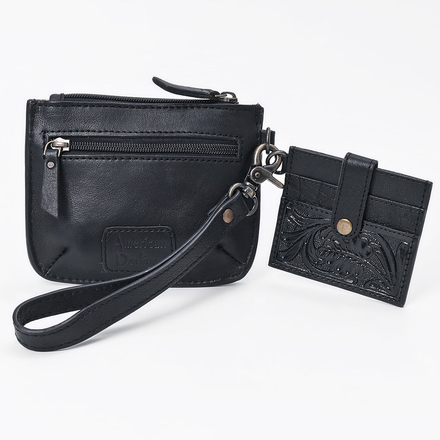 American Darling Coin Purse with card holder Western Hand-Tooled Genuine Leather Floral Carved Wallet with YKK Zipper