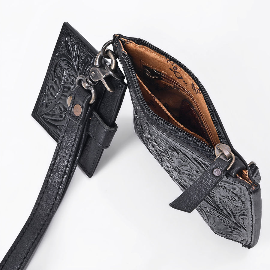 American Darling Coin Purse with card holder Western Hand-Tooled Genuine Leather Floral Carved Wallet with YKK Zipper