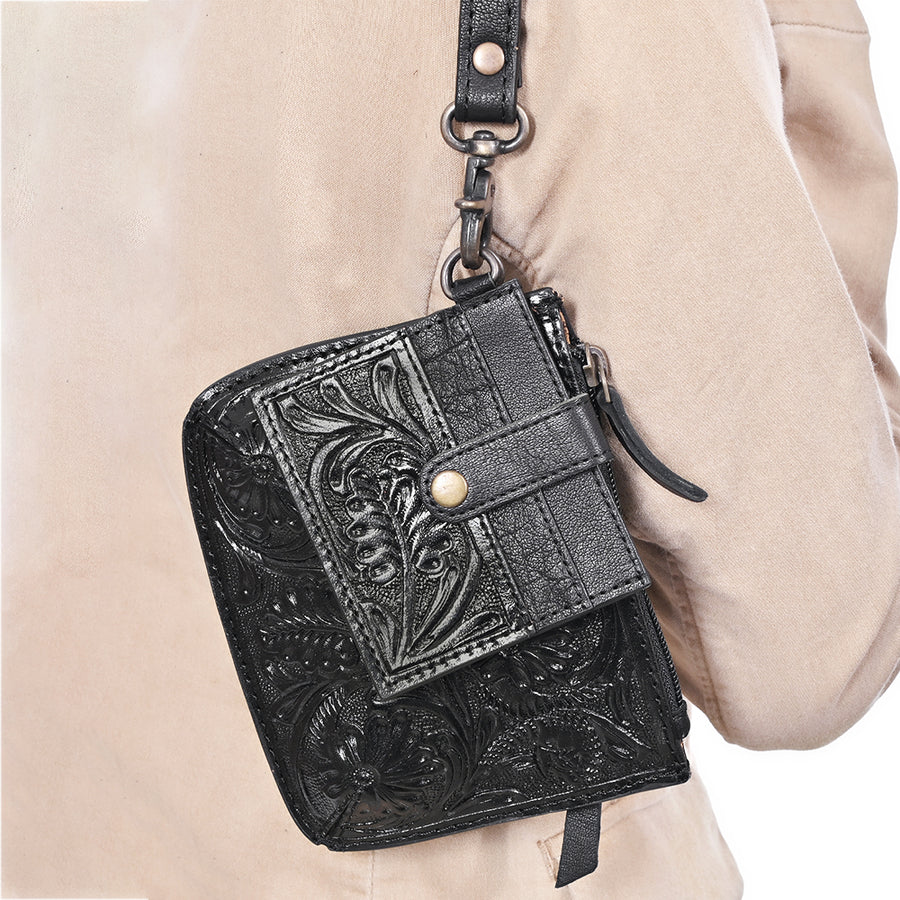 American Darling Coin Purse with card holder Western Hand-Tooled Genuine Leather Floral Carved Wallet with YKK Zipper