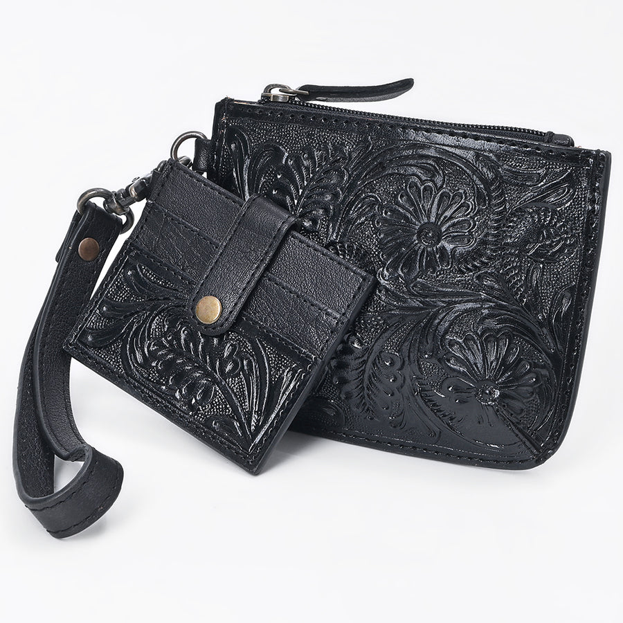American Darling Western Leather Coin Purse with card holder - Hand-Tooled Floral Carved - Uhorse