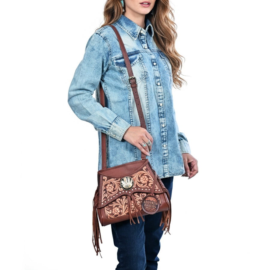 American Darling Bucket Bag for Women, Hand Tooled Floral Leather with Rivets & Fringes, Western Crossbody with YKK Zipper