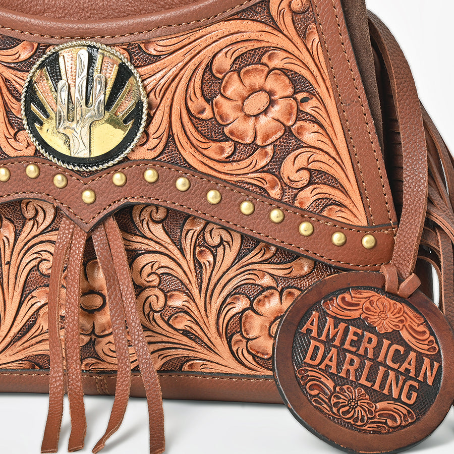 American Darling Bucket Bag for Women, Hand Tooled Floral Leather with Rivets & Fringes, Western Crossbody with YKK Zipper