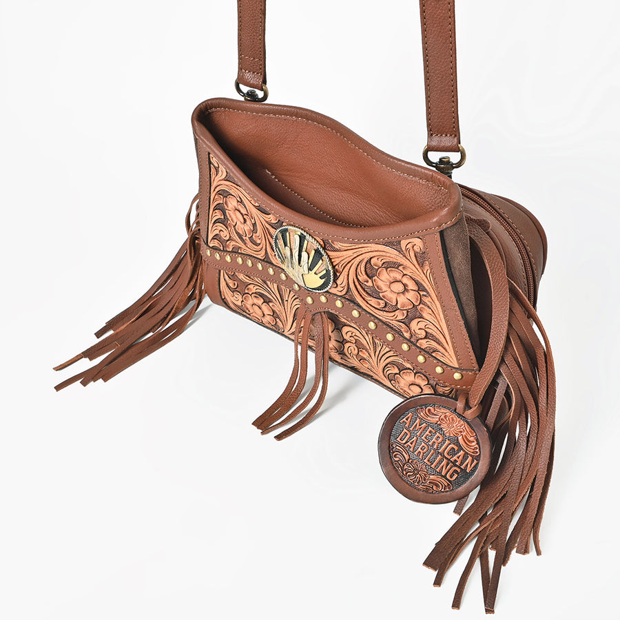 American Darling Bucket Bag for Women, Hand Tooled Floral Leather with Rivets & Fringes, Western Crossbody with YKK Zipper