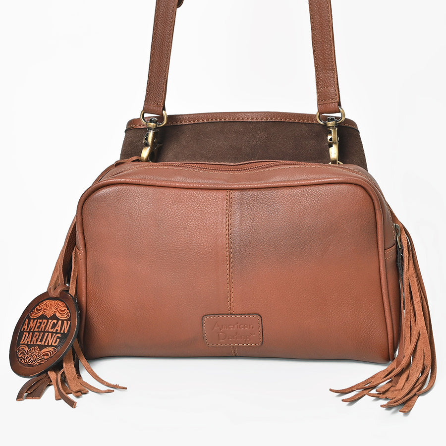 American Darling Bucket Bag for Women, Hand Tooled Floral Leather with Rivets & Fringes, Western Crossbody with YKK Zipper