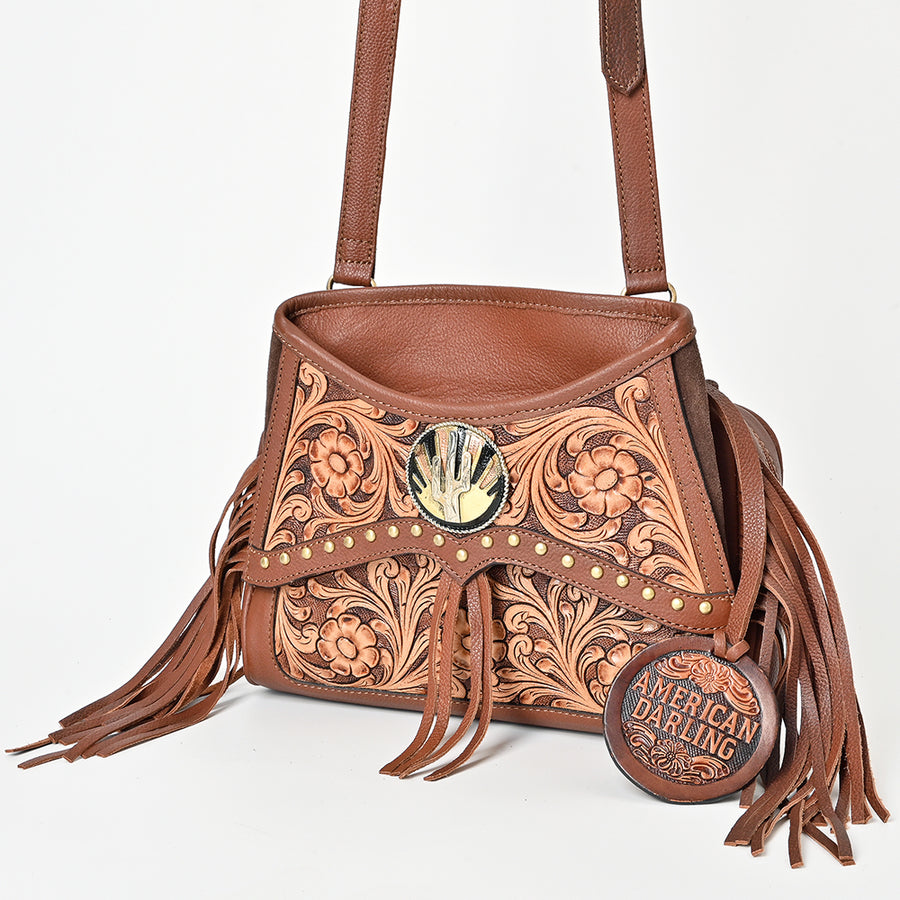 American Darling Western Hand Tooled Floral Bucket Bag - Riveted Leather with Fringes - Uhorse