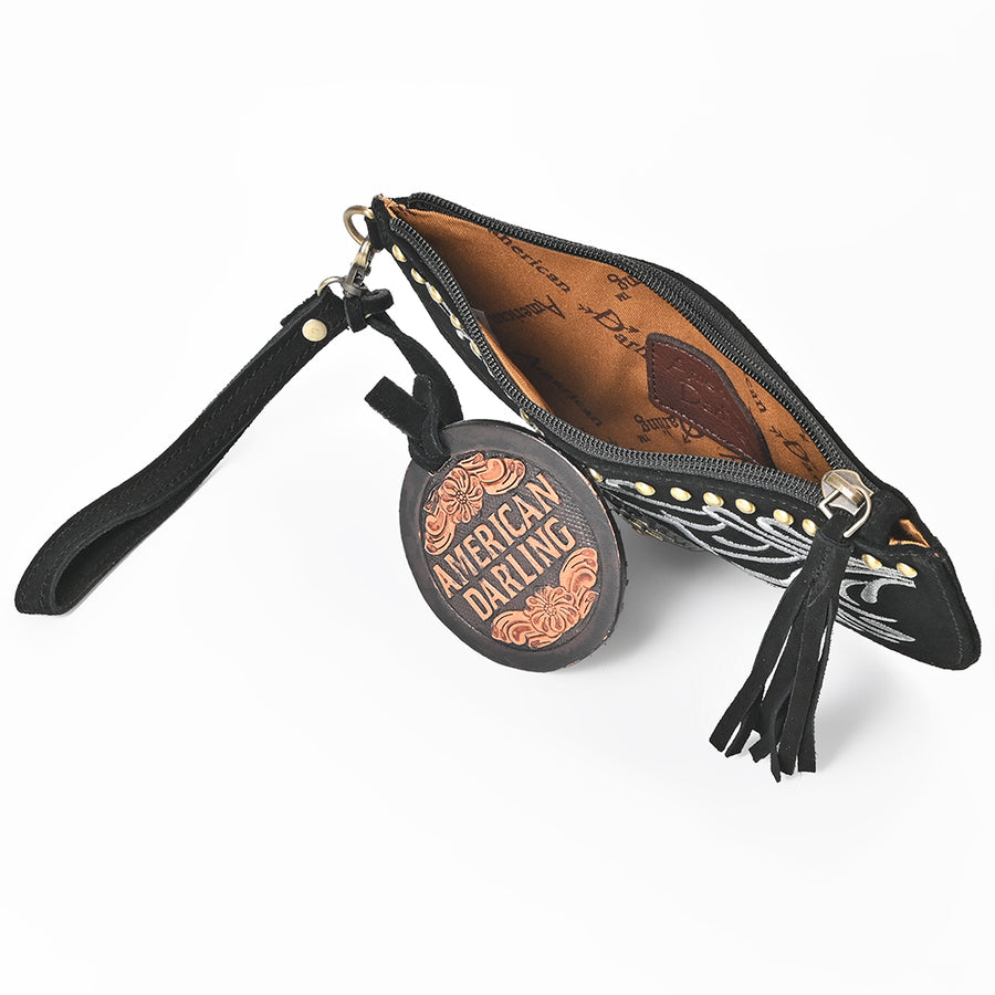 American Darling Rivetted Suede Leather Wristlet Bag Vegetable-Tanned Genuine Leather Western Purse with YKK Zipper