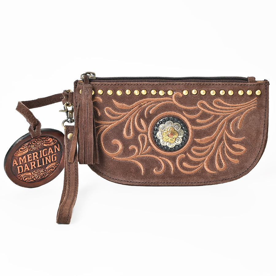 American Darling Rivetted Suede Leather Wristlet Bag Vegetable-Tanned Genuine Leather Western Purse with YKK Zipper