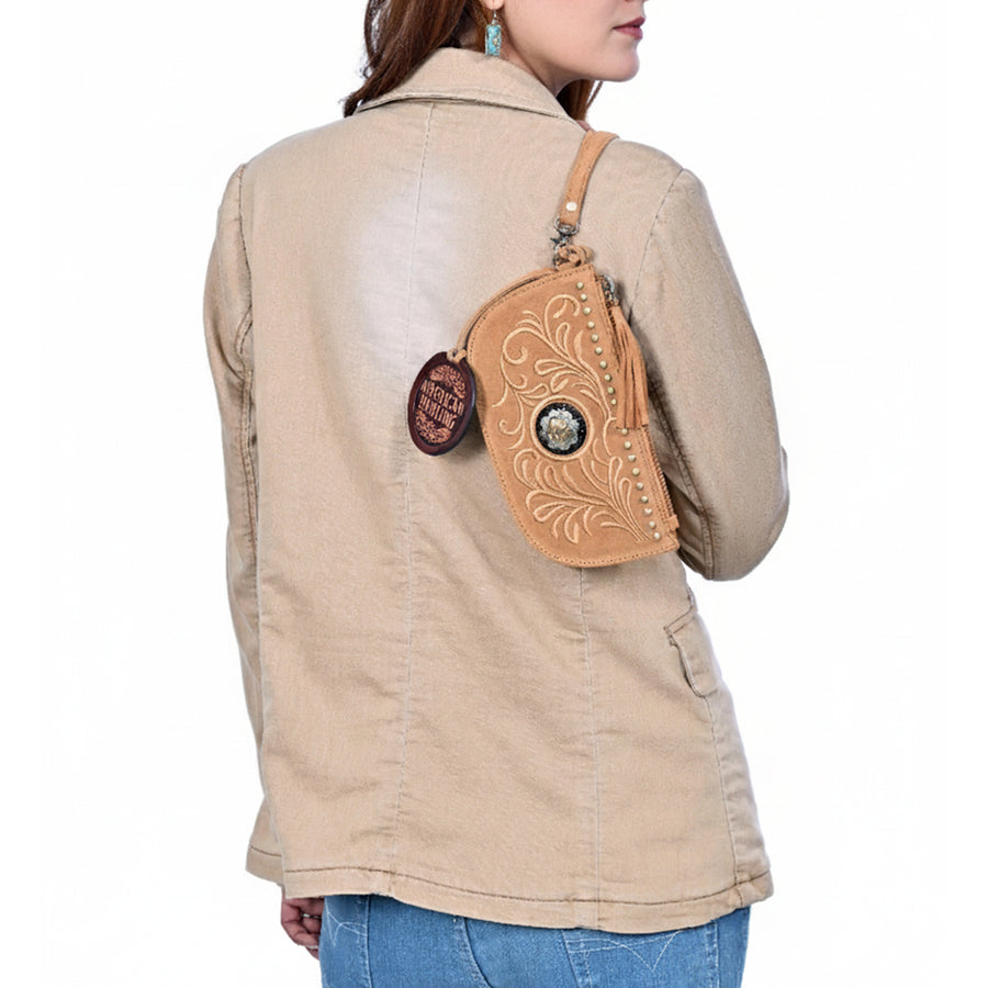 American Darling Rivetted Suede Leather Wristlet Bag Vegetable-Tanned Genuine Leather Western Purse with YKK Zipper