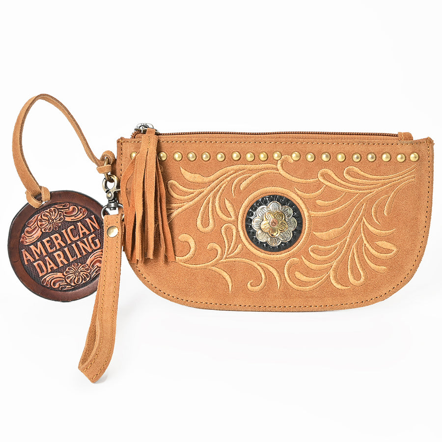 American Darling Rivetted Suede Leather Wristlet Bag Vegetable-Tanned Genuine Leather Western Purse with YKK Zipper