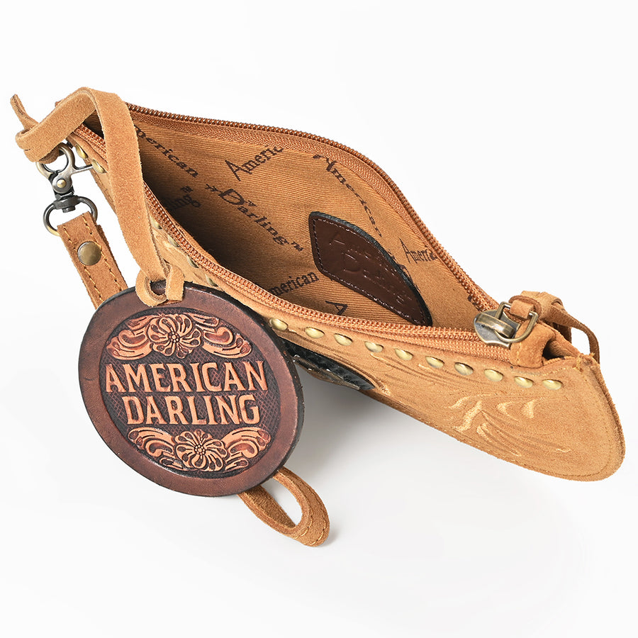 American Darling Rivetted Suede Leather Wristlet Bag Vegetable-Tanned Genuine Leather Western Purse with YKK Zipper