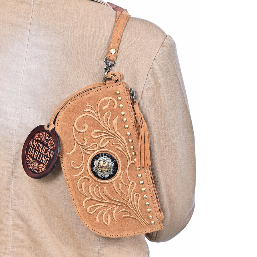 American Darling Rivetted Suede Leather Wristlet Bag Vegetable-Tanned Genuine Leather Western Purse with YKK Zipper