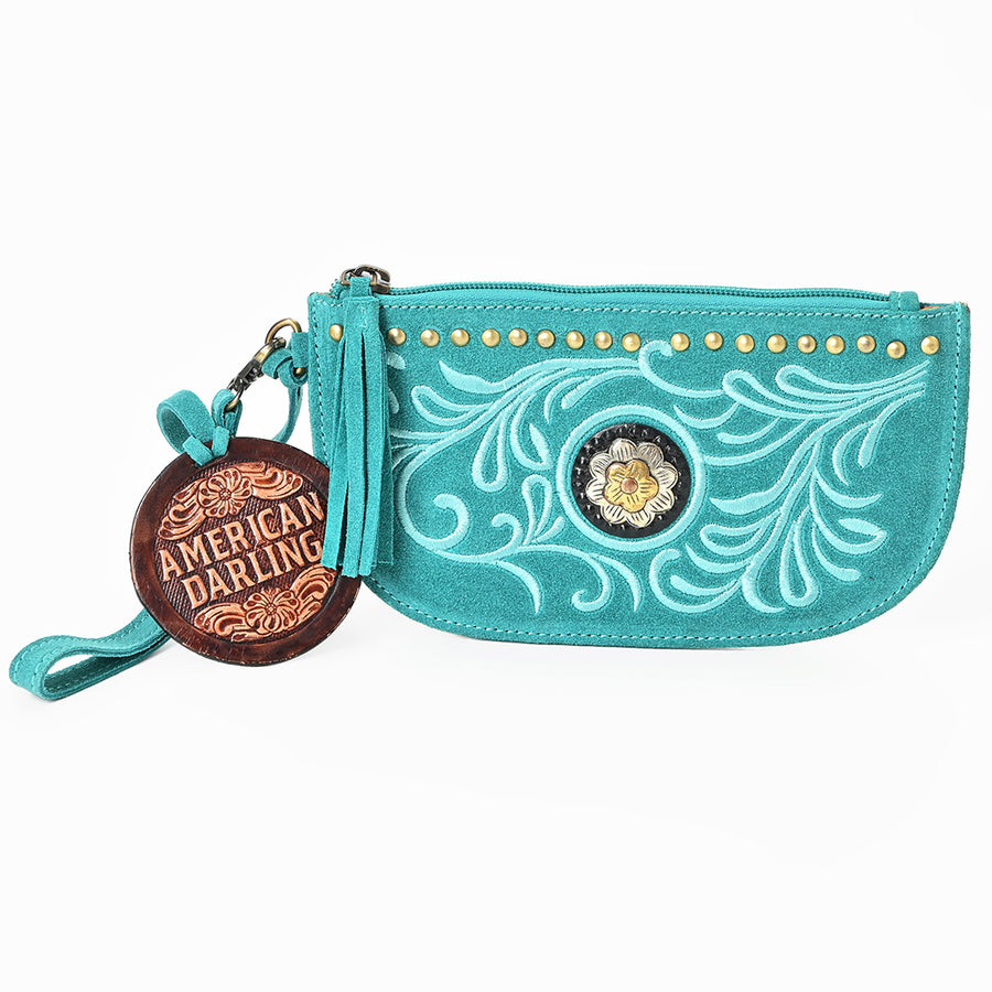 American Darling Rivetted Suede Leather Wristlet Bag Vegetable-Tanned Genuine Leather Western Purse with YKK Zipper