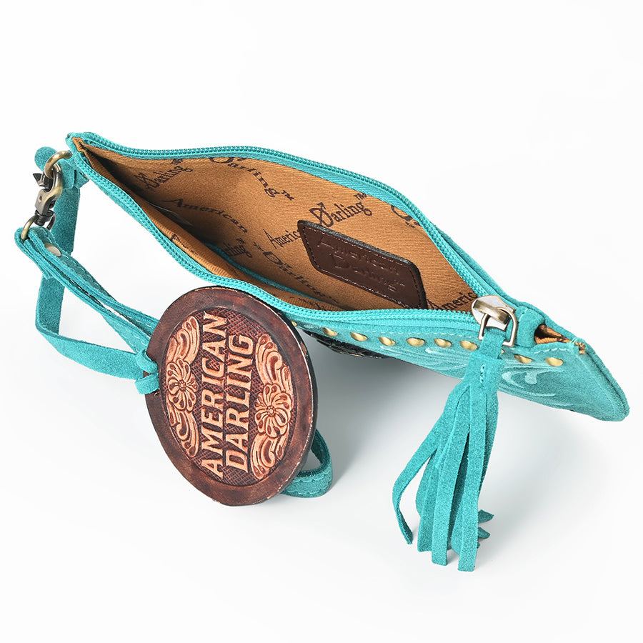 American Darling Rivetted Suede Leather Wristlet Bag Vegetable-Tanned Genuine Leather Western Purse with YKK Zipper