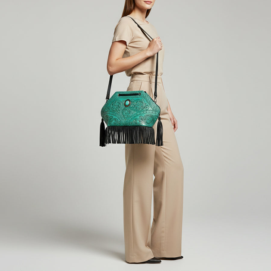 American Darling Bucket Bag Hand Tooled Floral Carved Genuine Leather Western Purse with Turquoise Concho Fringes Tassels