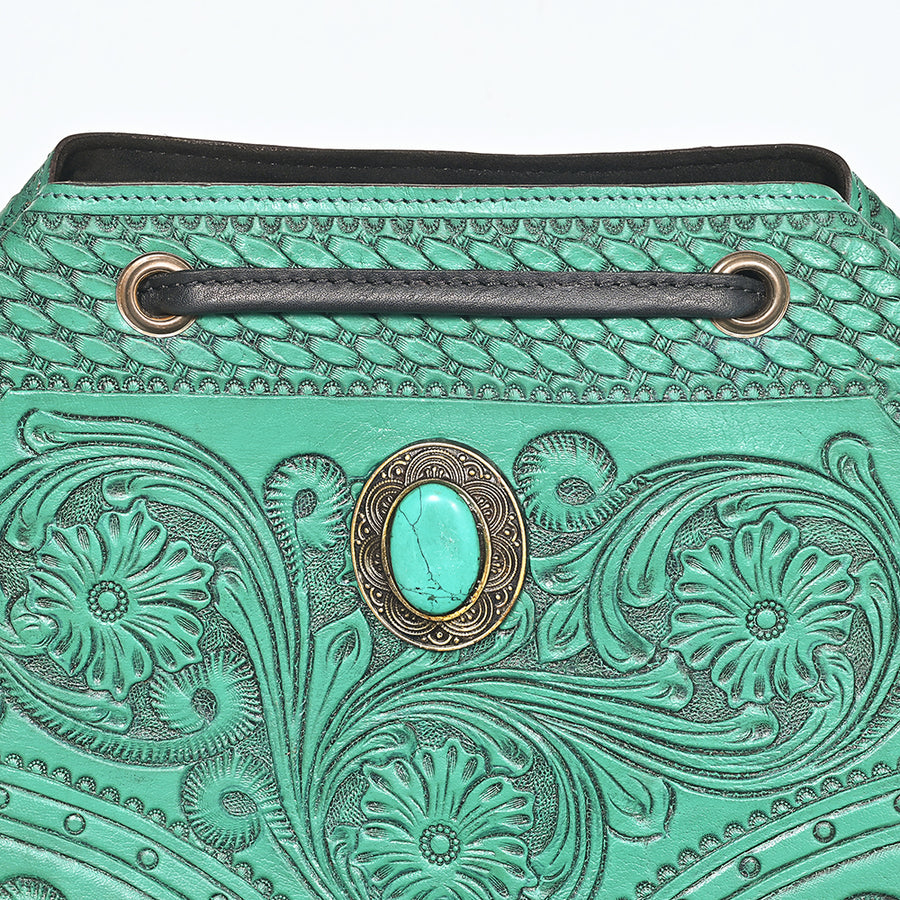 American Darling Bucket Bag Hand Tooled Floral Carved Genuine Leather Western Purse with Turquoise Concho Fringes Tassels