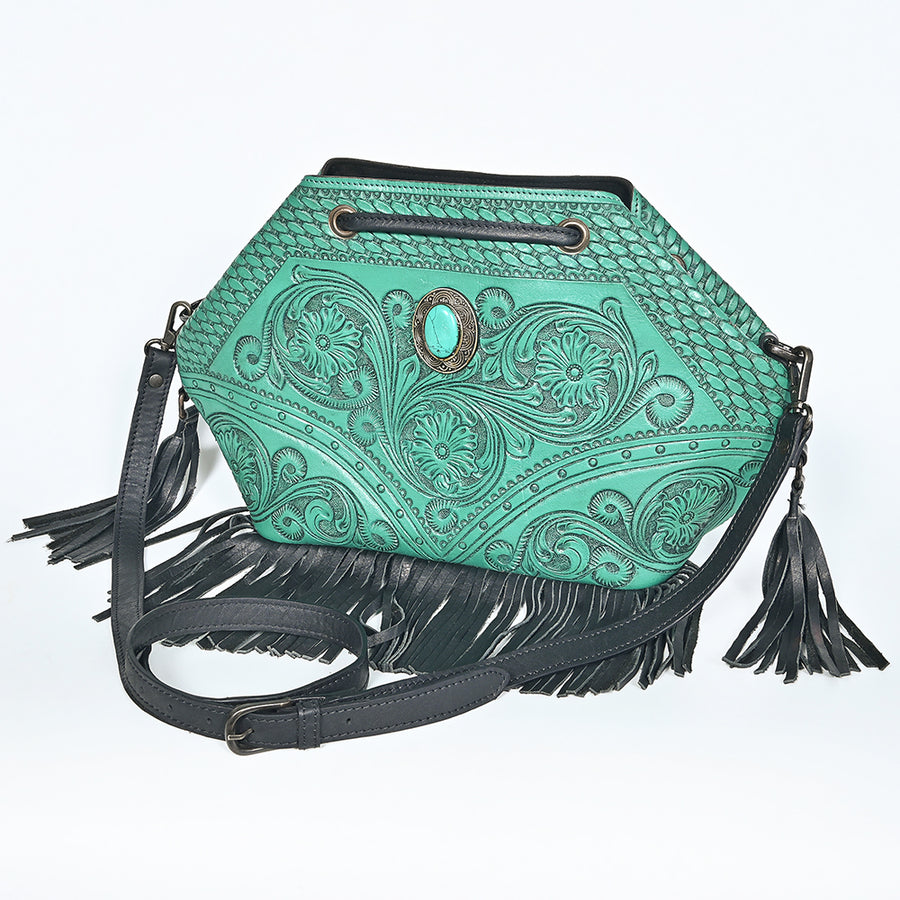 American Darling Hand Tooled Floral Bucket Bag with Turquoise Concho and Fringes - Uhorse