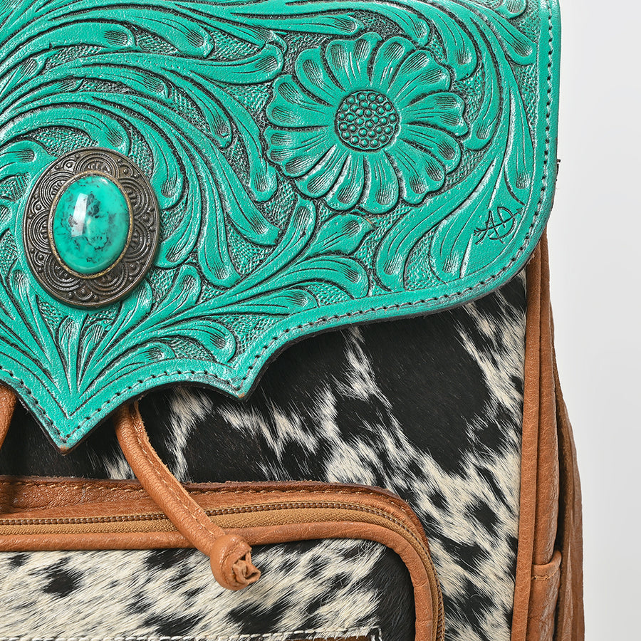 American Darling Western Cowhide & Turquoise Tooled Leather Fringe Backpack