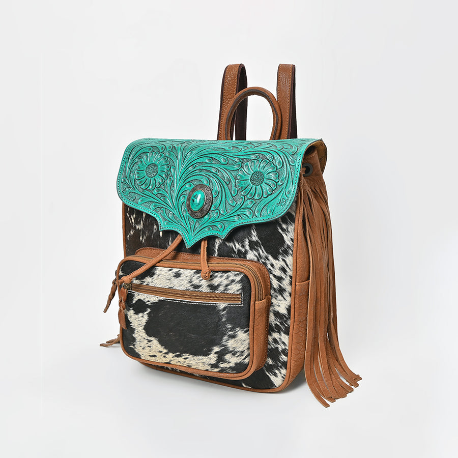 American Darling Western Cowhide and Turquoise Tooled Leather Fringe Backpack - Uhorse
