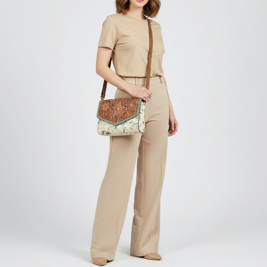 American Darling Hair-On Hide & Hand-Tooled Genuine Leather Star Crossbody Bag
