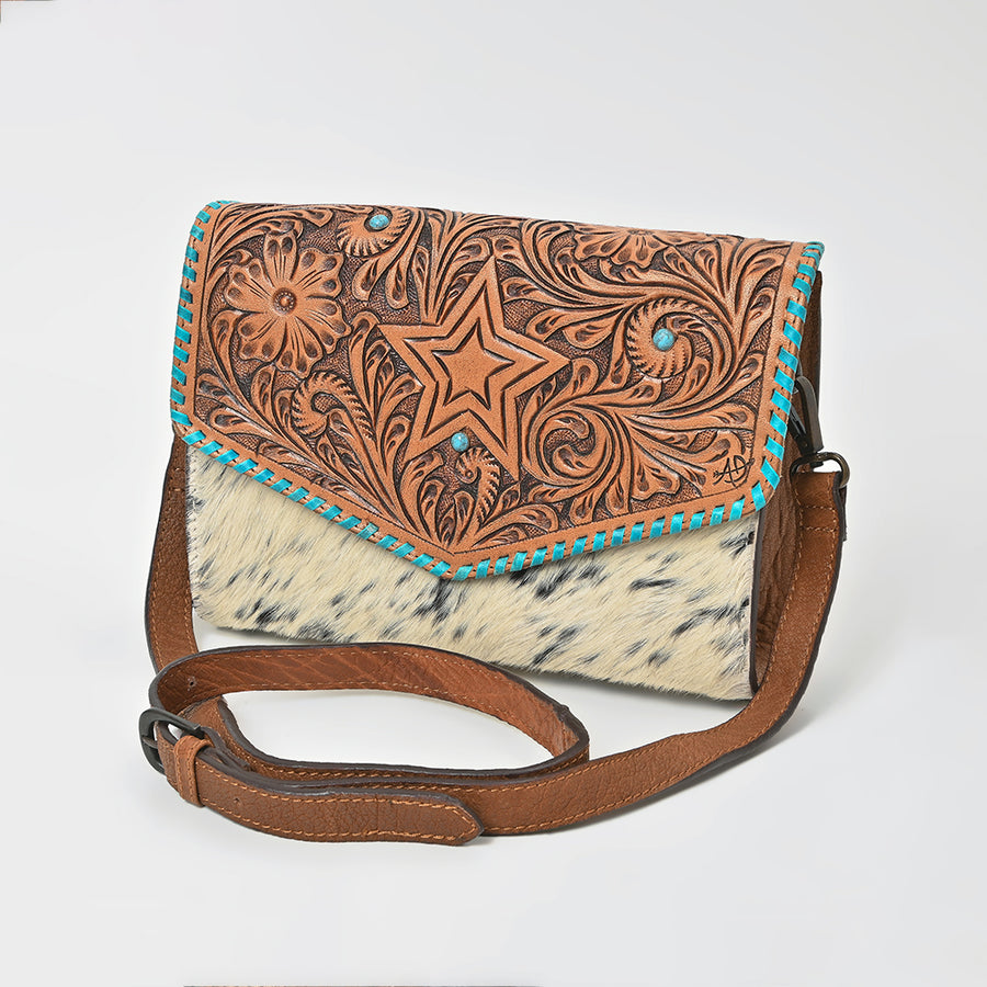 American Darling Hair-On Hide and Hand-Tooled Genuine Leather Star Envelope Bag - Uhorse