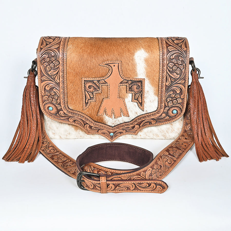 American Darling Cross body Bag Hand Tooled Floral Carved Genuine Leather Western Purse with Hair-On Cowhide and Fringes