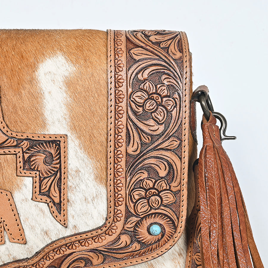 American Darling Cross body Bag Hand Tooled Floral Carved Genuine Leather Western Purse with Hair-On Cowhide and Fringes