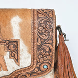 American Darling Cross body Bag Hand Tooled Floral Carved Genuine Leather Western Purse with Hair-On Cowhide and Fringes