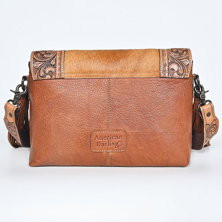 American Darling Cross body Bag Hand Tooled Floral Carved Genuine Leather Western Purse with Hair-On Cowhide and Fringes