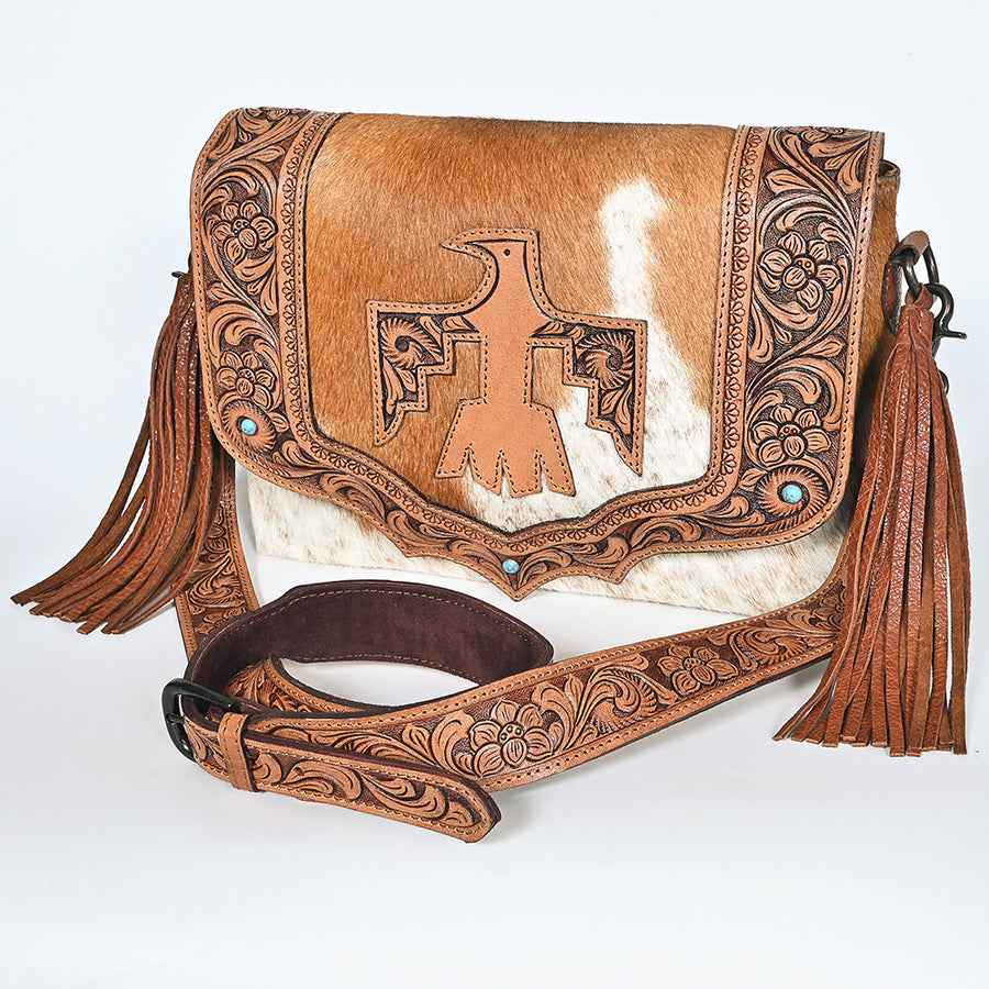 American Darling Hand Tooled Floral Cross body Bag with Hair-On Cowhide and Fringes - Uhorse