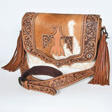 American Darling Hand Tooled Floral Cross body Bag with Hair-On Cowhide and Fringes - Uhorse