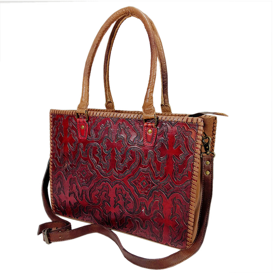 Red leather tooled tote bag with tan handles - Uhorse