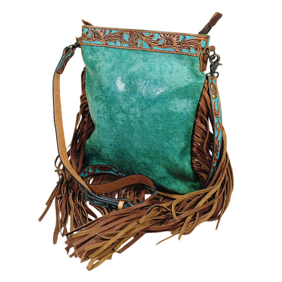 Turquoise leather crossbody bag with fringe and tooled trim - Uhorse