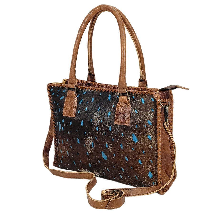 Brown leather tote bag with blue speckled hair-on-hide panel - Uhorse