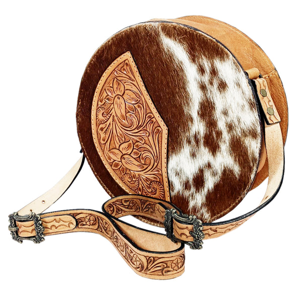 Brown and white cowhide leather round saddle bag with tooled leather flap - Uhorse
