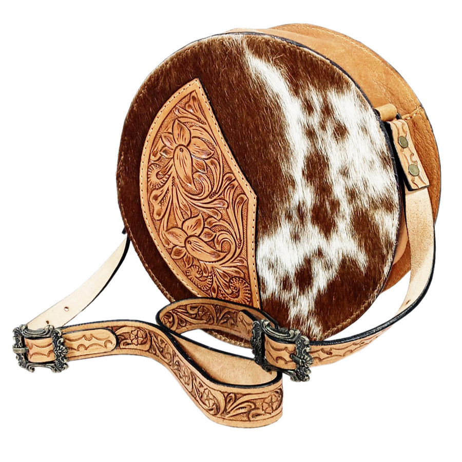 Brown and white cowhide leather round saddle bag with tooled leather flap - Uhorse