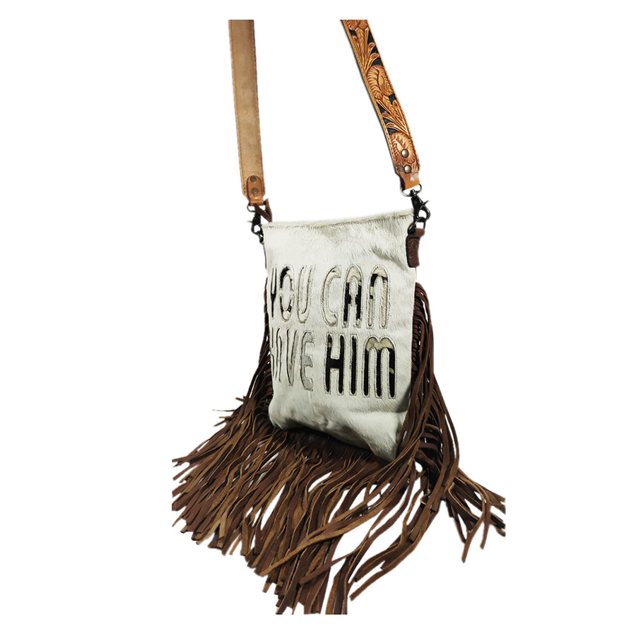 Fringe crossbody bag with white hair-on-hide and brown leather strap - Uhorse