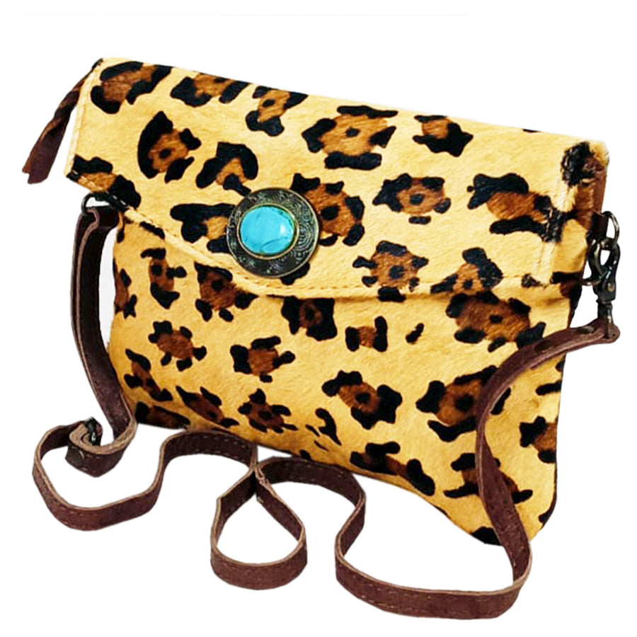 Leopard print hair-on-hide shoulder bag with turquoise concho - Uhorse