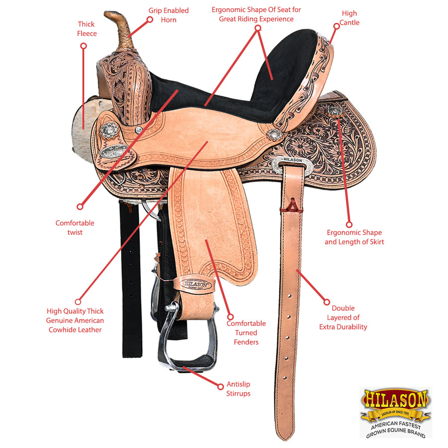 Tan HILASON Western Horse Child Saddle American Leather Barrel Flex Tree Trail