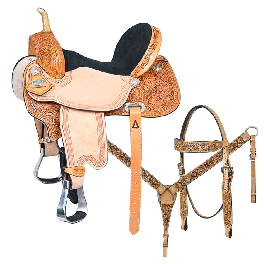 15" Tan HILASON Western Horse Saddle American Leather Barrel Flex Tree Trail - Uhorse