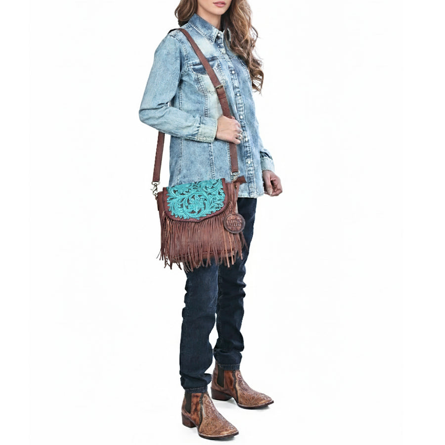 American Darling Cross body Bag Western Hand Tooled Floral Genuine Leather Purse with Fringes and YKK Zipper