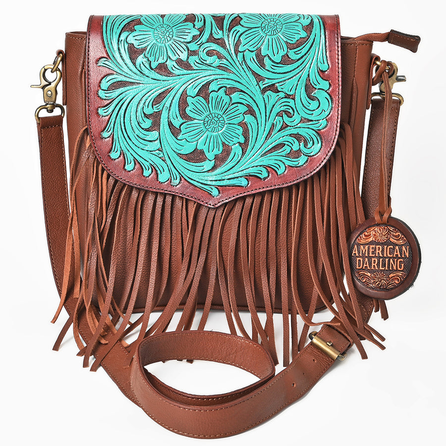 American Darling Cross body Bag Western Hand Tooled Floral Genuine Leather Purse with Fringes and YKK Zipper