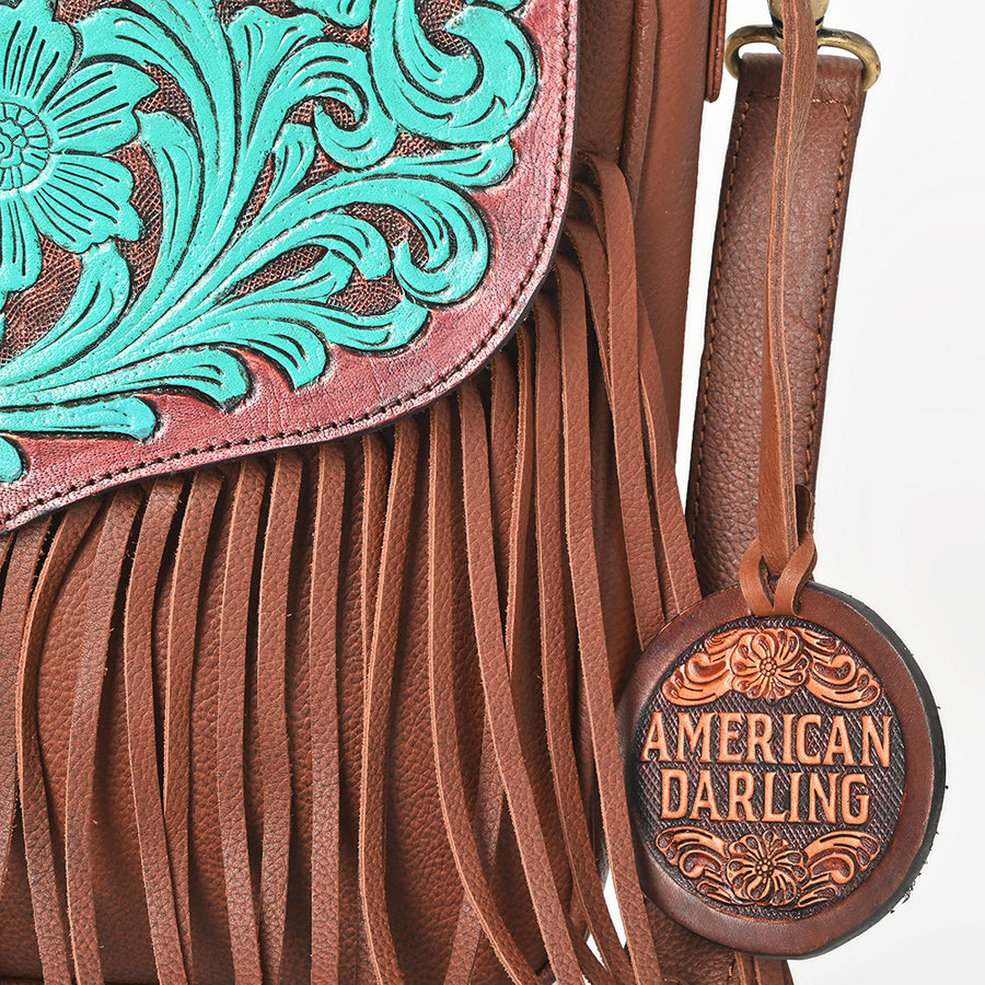 American Darling Cross body Bag Western Hand Tooled Floral Genuine Leather Purse with Fringes and YKK Zipper